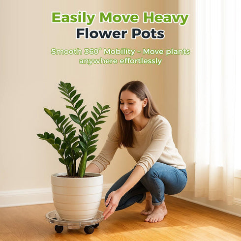 4 Packs 10.2 inches Small Clear Plant Caddy Plant Saucers on Wheels Rolling Plant Stands Heavy-duty Plant Dolly Plastic