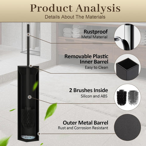 2 3M Toilet Brush and Holder Wall Mounted, Black Aluminum with Replaceable Heads, Bathroom Toilet Brush, Drill