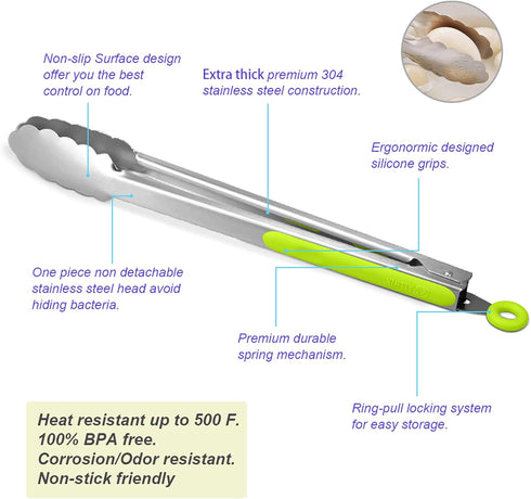 304 Stainless Steel Kitchen Cooking Tongs, 9" and 12" Set of 2 Sturdy Grilling Barbeque Locking Food Tongs with