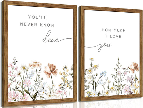 Wood Framed Wildflower Nursery Wall Art Set of 2, Boho Flower Botanical