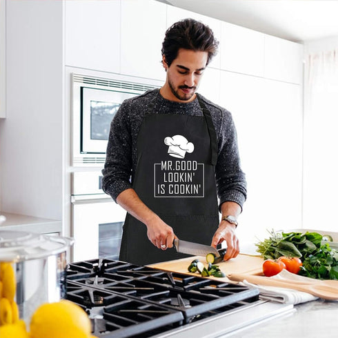 Rosoz Funny BBQ Black Chef Aprons for Men, Adjustable Kitchen Cooking Aprons with Pocket