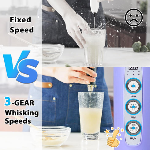 Handheld Milk Frother Rechargeable - Electric Whisk 3 Speed Adjustable, Coffee Frother Wand with 3 Stainless Whisks