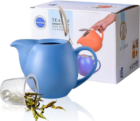 Yundu 32 ounce Blue Porcelain Tea Pot, Stainless Steel Lid and Fine Infuser for Loose Leaf Tea