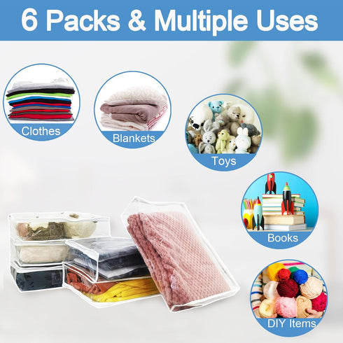 Plastic Storage Bags for Clothes, Clear Zippered Storage Bags for Sweater and Blanket Storage, 6 Packs, 16*12*4 Inch