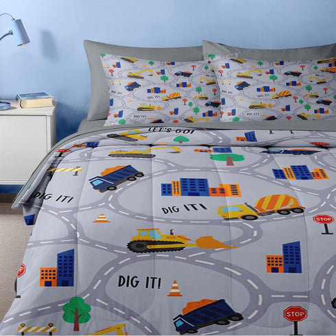 5 Set Set Nesker Pcs Comforter Twin Size, Construction Vehicles Car Bedding for Kids Teen, Town Tree Truck Bedding
