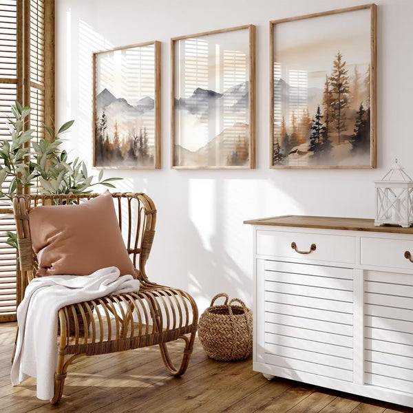 Neutral Mountain Wall Art Decor, Set of 3 Forest Canvas Posters for Living Room Bedroom (12x16 Inch Unframed)