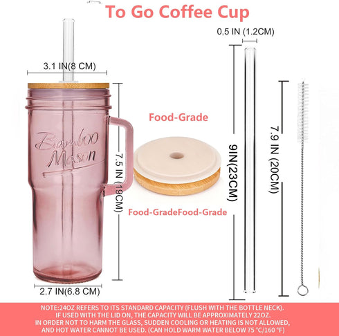 Set 4, 24oz ANOTION Colored Glass Cups with Handle of Glass Cups with Lids and Straws Travel Coffee Mug Bamboo Mason
