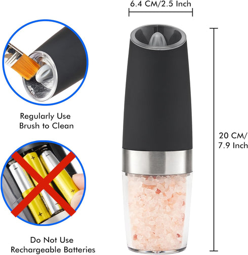 Gravity Electric Pepper and Salt Grinder Set, Battery Operated Mill with Blue LED Light, One Hand Operation, Adjustable