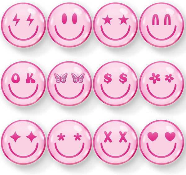 Whaline 12Pcs Pink Smile Face Resin Refrigerator Magnets, Cute Preppy Decorative Fridge Magnetic Stickers for Kitchen