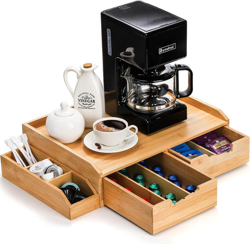 SOUJOY Bamboo Drawer Organizer for Coffee Pods, K Cup Organizer with Drawer and Side Storage Box for Kitchen