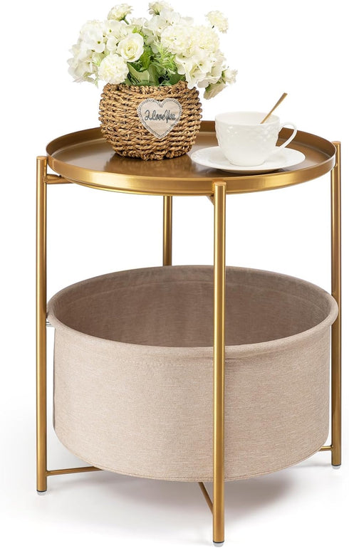danpinera Round Side Table with Fabric Storage Basket, Metal Side Small Bedside