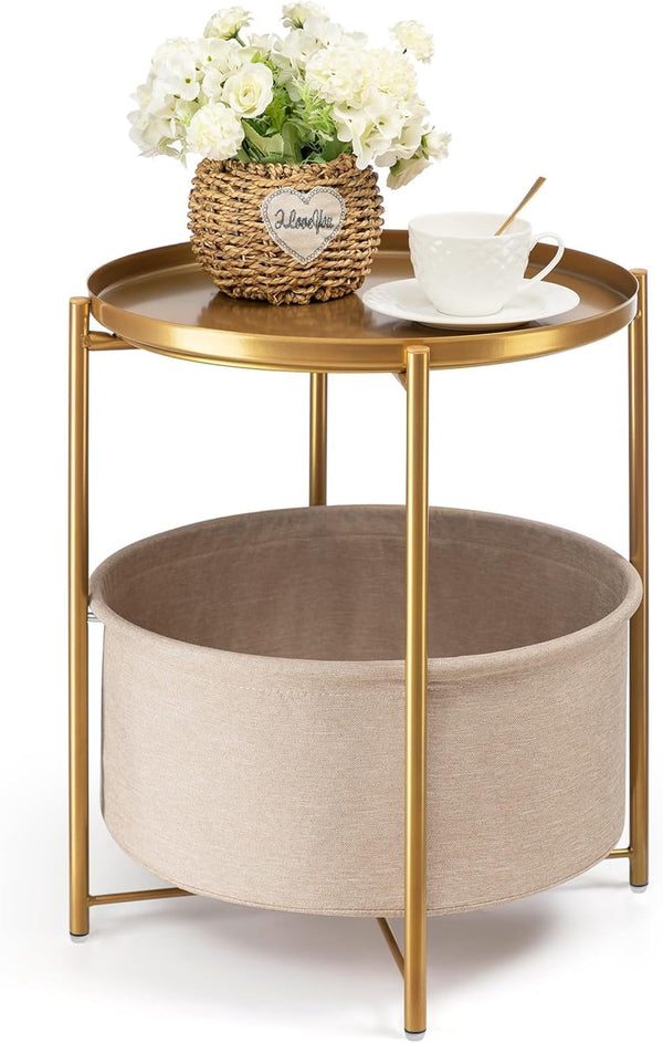 danpinera Round Side Table with Fabric Storage Basket, Metal Side Small Bedside