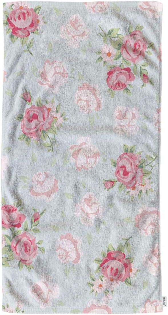 oFloral Pink Rose Hand Towels, Cotton Washcloths with Seamless Pattern, Vintage Style Soft Towels (15X30 Inch)