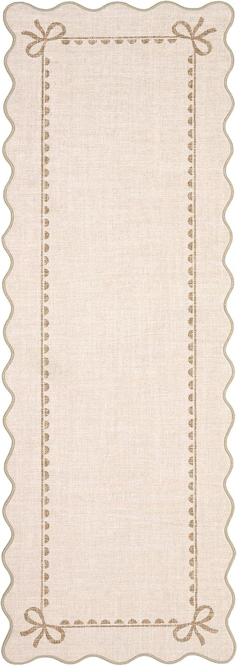 2.5x8 GarveeHome Scalloped Bow Rug for Living Room, Solid Beige Rug for Dorm, Washable Runner Rug Soft Low Pile Non