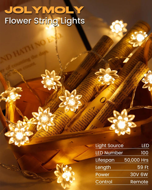 59 100 JOLYMOLY Ft LED Flower Fairy Lights with Remote Timer, Plug in Connectable Twinkle Lights with Soft Flowers