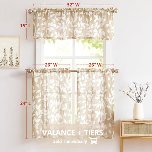 Treatmentex Leaf Tier Curtains for Kitchen, 24" Short Bathroom Window Curtains, Print White and Taupe, 2 Panels
