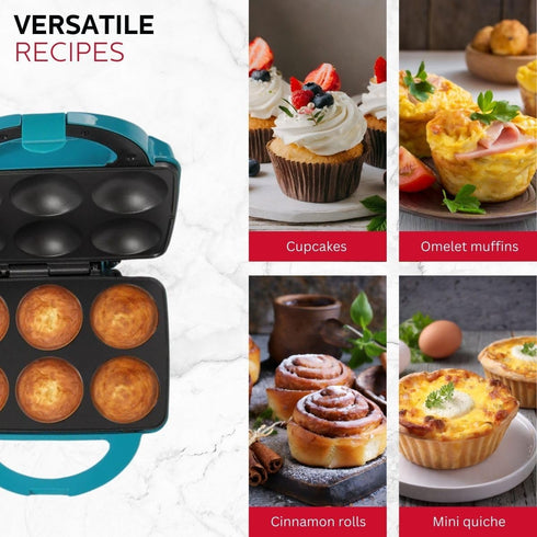 Holstein Housewares Non-Stick Cupcake Maker, Teal - Makes 6 Cupcakes, Muffins, Cinnamon Buns