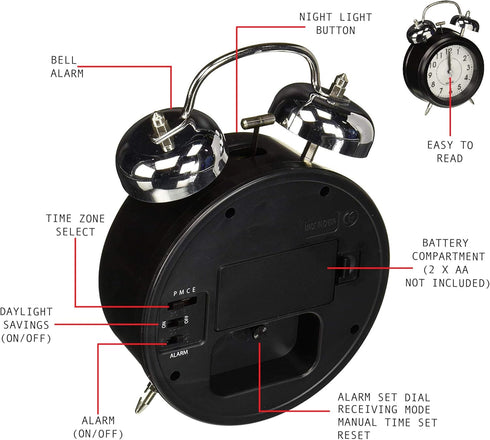 Sonnet Twin Bell Alarm Clock, SONNET-T-4678 - Very Loud, Battery Operated, Black