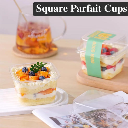 50 8OZ Qyyiguf Pcs Plastic Dessert Cups with Lids and Spoons,Square Parfait Cups,Disposable Ice Cream Containers