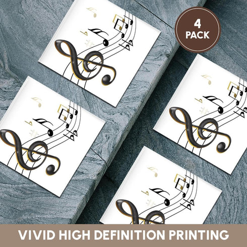 3dRose Set of 4 Ceramic Tile Coasters, Music Notes Clef, Black and Gold