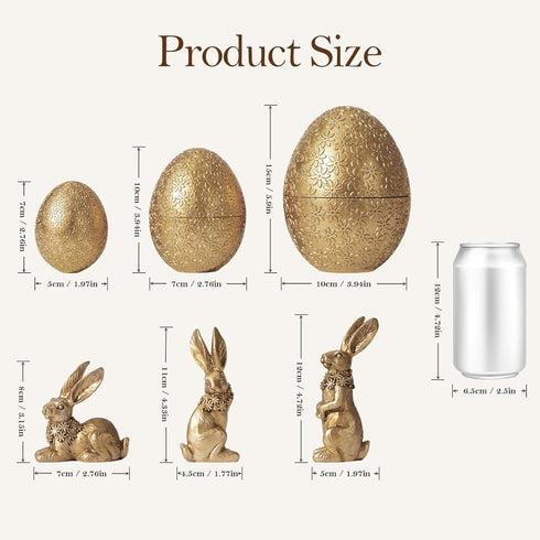 6PCS 3 3 DN DECONATION Easter Decorations with Rabbits and Nesting Easter Eggs, Small Gold Easter Bunny Figurines