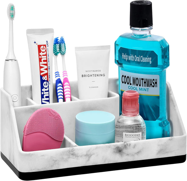 VITVITI Toothbrush Holder for Bathroom - 5 Compartment Organizer for Toothpaste/Vanity Counter, White Resin Marble Color