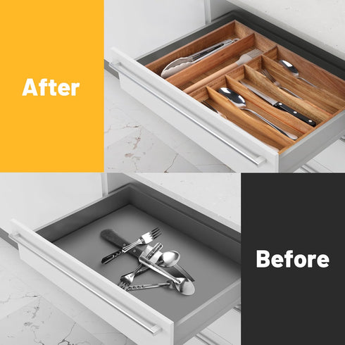 Kitchen Drawer Organizer - Acacia Silverware Holder, Extra Deep Grooved Divider, 7 Slots Cutlery Organizer Flatware Tray