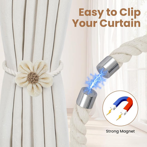 2 Pack KLOGTSIND Magnetic Curtain Tiebacks, Flower Curtain Holdbacks for Draperies, Elegant Curtain Tie Backs for Boho