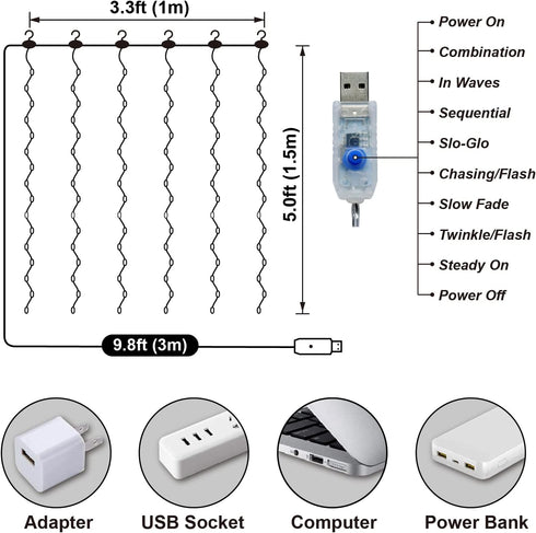 3.3x5Ft 8 96Led HXWEIYE Short Curtain Lights for Small Window, USB Plug in Warm White Fairy Light with Timer & Clips