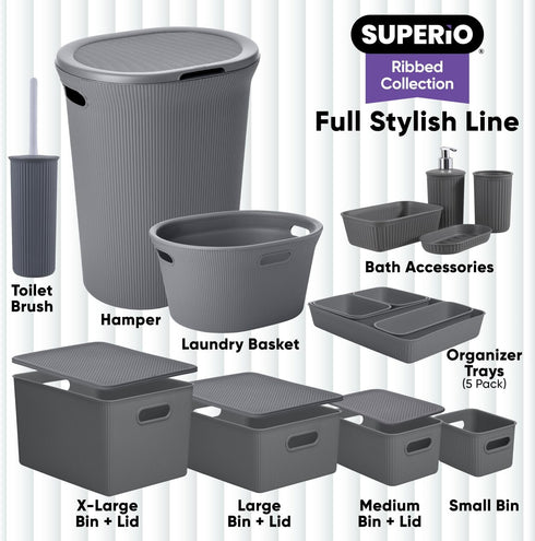 Superio Ribbed Collection Decorative Plastic Open Storage Bins, Medium Grey (2 Pack) for Organizing Closet and Shelves