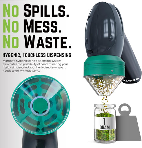 Mamba Lite Electric Portable Herb Grinder, 1g Gray All-Plastic Head, USB Rechargeable for One-Handed Grinding