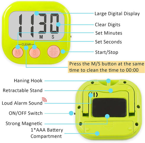 6 Pack Digital Kitchen Timers for Cooking, Magnetic Timer with Loud Alarm, Green