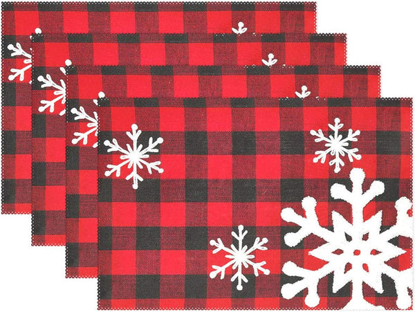 Christmas Red Plaid Snowflake Placemats, Set of 6, Heat-Resistant, Washable Table Mats for Kitchen Dining Decoration