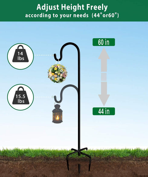 5 60 Inches 3/5 (1 Packs) Artibear Adjustable Outdoor Shepherd Hook Stand with Prong Base, Tall in Thick, Shiny Black