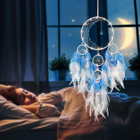 KHOYIME LED Light Up Dream Catcher Half Circle Moon Decor with Lights, Handmade Feather Dreamcatchers for Bedroom (Blue)