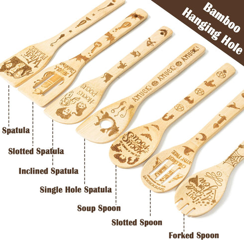 7Pcs Halloween Hocus Pocus Theme Wooden Spoons, Slotted Spatula Set, Non-Stick Cooking Utensils Gift Idea
