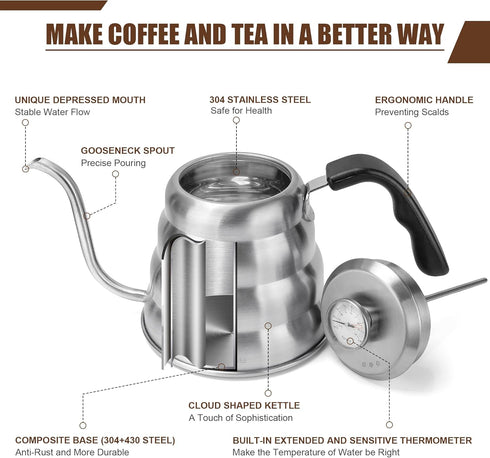 Silver Gooseneck Tea Kettle with Thermometer, 40 oz 1200ml Teapot for Pour Over Coffee, Premium Stainless Steel