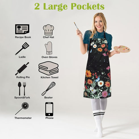 ASPMIZ Floral Apron for Adults - Waterproof Women Apron with 2 Pockets, Flower Cooking Apron, Gifts BBQ Grill