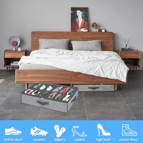 Under Bed Shoe Storage Organizer for Closet - Fits 24 Pairs, Set of 2 with Clear Cover (Herringbone Grey)
