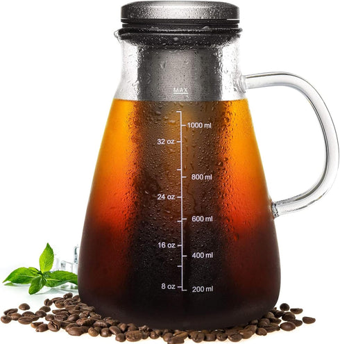 Cold Brew Iced Coffee Maker 34oz, BPA-Free Glass Pitcher with Removable Double Mesh 304 Stainless Steel Filter