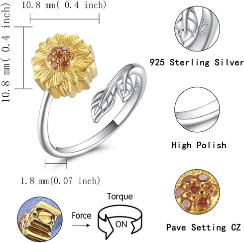 Sunflower Cremation Ring for Ashes, 925 Sterling Silver Adjustable Jewelry, You Are My Sunshine Daisy Memorial Keepsake