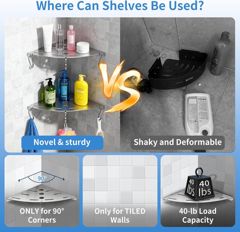 Generic 2 Pack 304 6 40 lbs Corner Shower Shelves, Stainless Steel Corner Shelf Bathroom with Hooks Heavy Duty, Durable