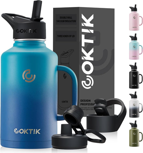 COKTIK 64 oz Insulated Water Bottle Jug with Straw and Handle, Double Walled Stainless Steel Flask, 3 Reusable Lids
