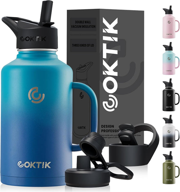 COKTIK 64 oz Insulated Water Bottle Jug with Straw and Handle, Double Walled Stainless Steel Flask, 3 Reusable Lids