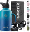 COKTIK 64 oz Insulated Water Bottle Jug with Straw and Handle, Double Walled Stainless Steel Flask, 3 Reusable Lids