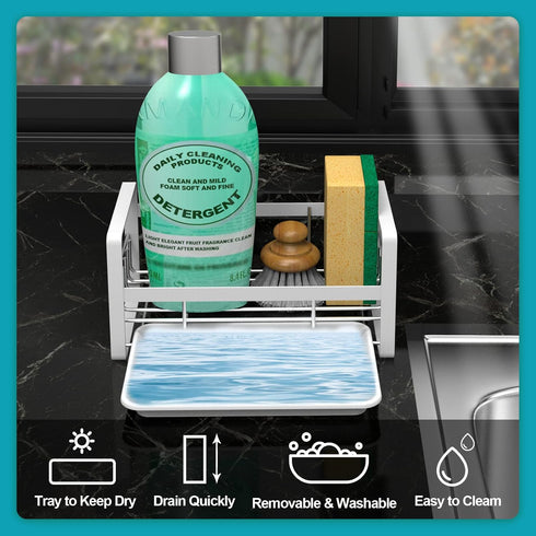 VANTEN Kitchen Sink Caddy Sponge Holder, Silver Sink Organizer for Kitchen Sink, Soap Dish Dispenser Brush Holder