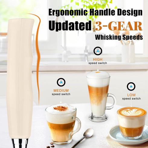 Beige Milk Frother Wand for Coffee, Handheld Electric Whisk with 3 Heads, 3 Speeds Drink Mixer for Latte, Cappuccino
