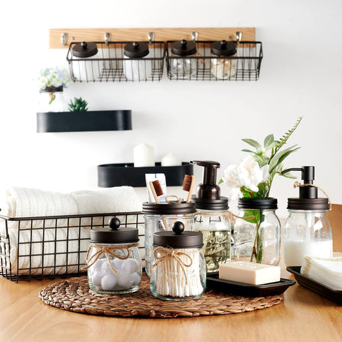 SheeChung 6Pcs Bathroom Accessories Set - Mason Jars, Toothbrush Holder, Soap Dispenser, Rustic Decor