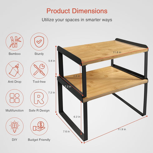 Kitchen Cabinet Organizer Shelves, Set of 4 Expandable Counter Shelf Rack for Plates, Dishes, and Mugs (Bamboo, Black)