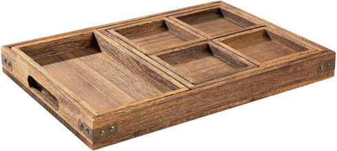 Set 7 Yangbaga Rustic Wooden Serving Trays with Handle - of Rectangular Platters for Entertaining, Breakfast, Coffee